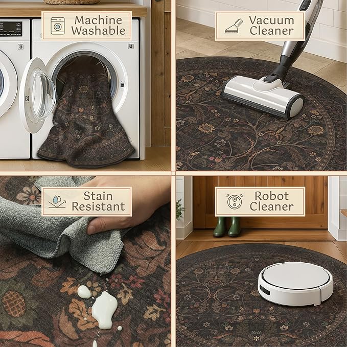 Washable 8ft Large Round Area Rug for Living Room, Black and Brown Moody Floral Circle Carpet, Cottagecore Aesthetic Floor Rug for Bedroom, Non-Slip Stain Resistant Carpet for Dining Room