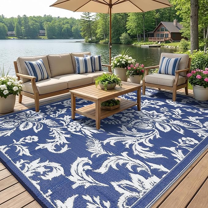 IDEALHOUSE Waterproof Outdoor Rug 9x12 for Patio, Foldable Reversible Area Rug, Large Plastic Straw Mat for Camping, RV, Porch, Backyard, Picnic, Beach, Blue & White