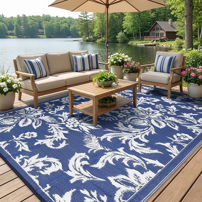 IDEALHOUSE Waterproof Outdoor Rug 8x10 for Patio, Foldable Reversible Area Rug, Large Plastic Straw Mat for Camping, RV, Porch, Backyard, Picnic, Beach, Blue & White