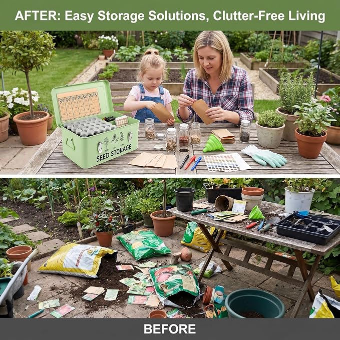 Metal Seed Storage Box Organizer with 3 Compartments, Safety Lock Lid Bin Seed Bottles Envelopes, Plant Labels, Foldable Funnel Gloves,Portable All-in-One Seed Saving Tin for Gardeners Beginners