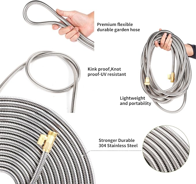 Metal Garden Hose 25 ft Water Hose 304 Stainless Flexible Lightweight Outdoor Yard Strong Durable Heavy Duty Hose Pipe with 10-Way Nozzle Solid 3/4" Brass Connectors No Kink Leakproof Outside