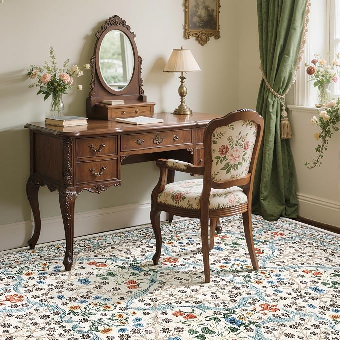 GarveeHome 6x9 Washable Area Rug for Living Room, Floral Dining Room Rugs for Under Table, Low Pile Non-Slip Stain Resistance Floor Carpet for Bedroom, Beige
