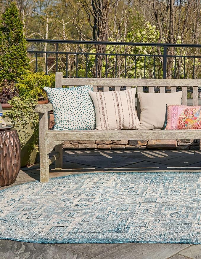 Unique Loom Outdoor Aztec Collection Area Rug - Coba (3' 3" x 5' 3" Oval, Teal/ Ivory)