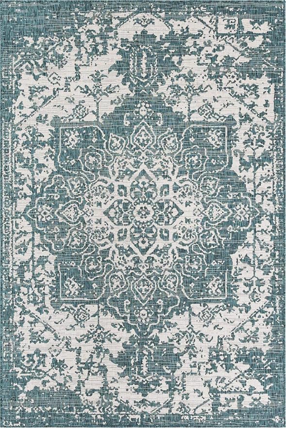 Unique Loom Outdoor Collection Area Rug - Dubai (6' 1" x 9' Rectangle, Teal/ Ivory)
