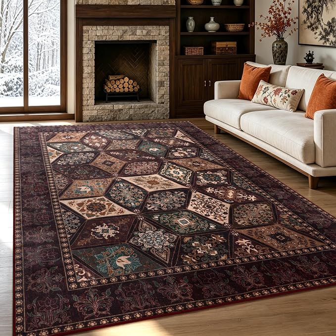 Moroccan Boho Floral Geometric Patchwork Washable 9x12 Large Rug | Vintage Distressed Non Slip Throw Carpet for Bedroom Livingroom Kitchen Hallway Entryway Office Dining Room Docer, Brown