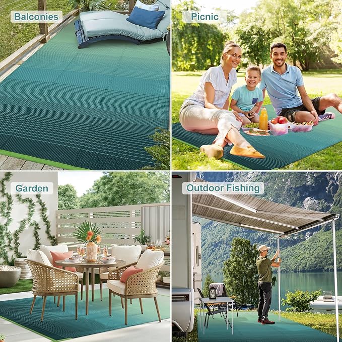 Lahome Outdoor Patio Rug Waterproof 6x9,Plastic Straw Rug Reversible,Large Porch Carpet Floor Decor,Portable Outside Camping Mats for Picnic Balcony Tent Deck, Blue-Green 6x9