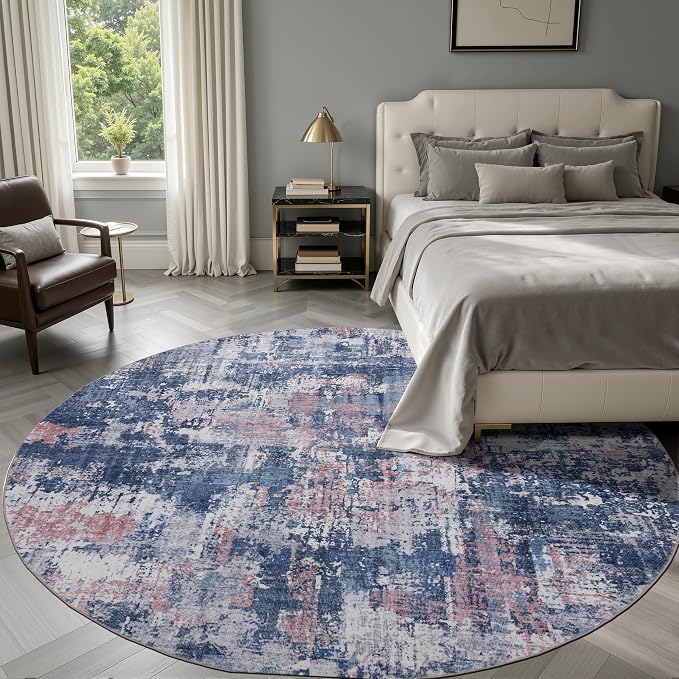 Sasttie 6ft Round Area Rug, Modern Abstract Circle Carpet, Pink & Blue | Machine Washable, Ultra-Soft Faux Wool, Low Pile, Non-Slip, Lightweight, Thin, for Living Room, Bedroom, Dinning Room & Dorm