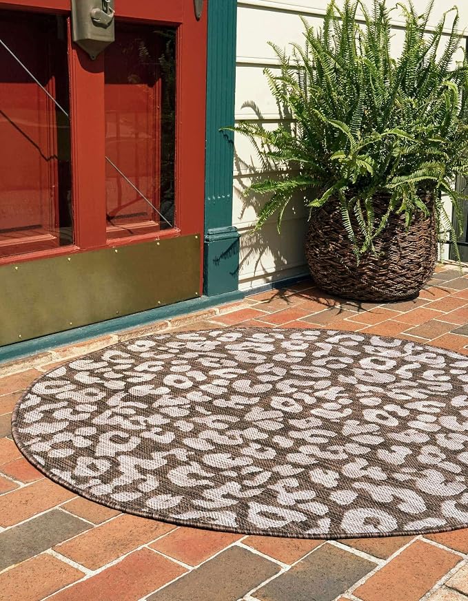 Unique Loom Outdoor Safari Collection Area Rug - Leopard (3' Round, Brown/ Light Brown)