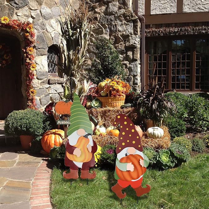 Fall Decorations for Home Outdoor, 2 Pack 25" Decorative Garden Stakes with Gnomes Pumpkin for Fall Decor, Metal Yard Signs for Outside Garden Lawn Porch Patio Thanksgiving Decorations