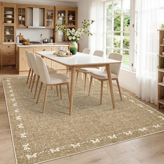 COZYLOOM Rugs for Living Room 4x6 Bow Border Area Rugs for Bedroom, Washable Area Rug with Non Slip Backing, Non Shedding Low Pile Modern Solid Color Carpet for Dining Room, Entryway, Kids Room, Brown
