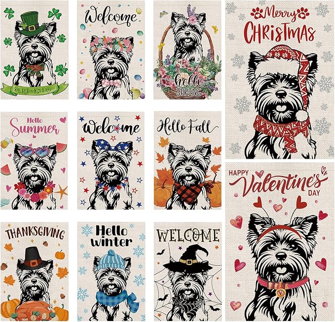 Seasonal Garden Flags Yorkie Double Sided Flags Set of 11 Holiday Farmhouse Indoor Outdoor Yard Lawn Christmas Gifts Decorations 12.5x18 Inch