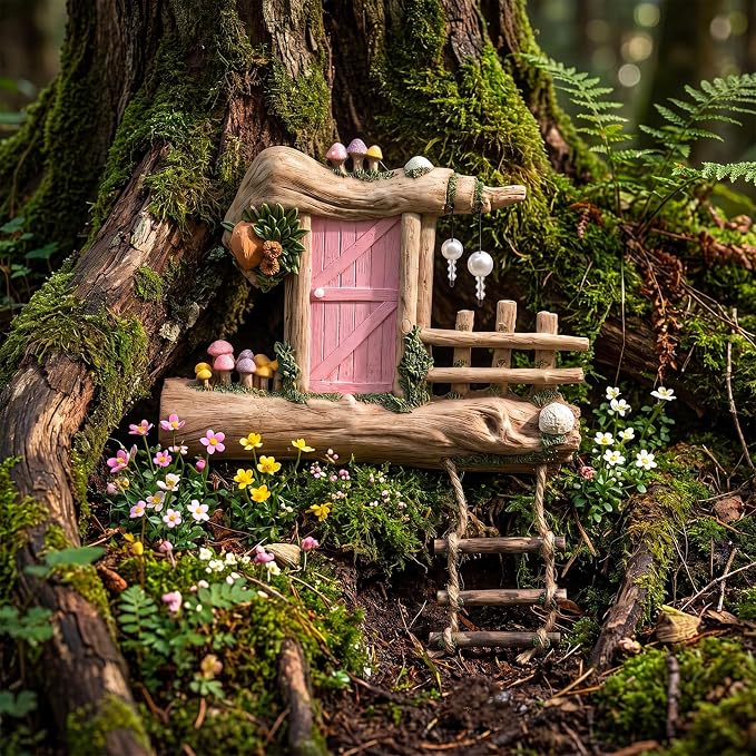 Sliner Fairy Door for Trees Outdoor Resin Fairy Garden Door Accessories with Pearl & Crystal Hanging Accents Miniature Gnome House for Garden Wall Outdoor Decorations Tree Trunk (Pink)