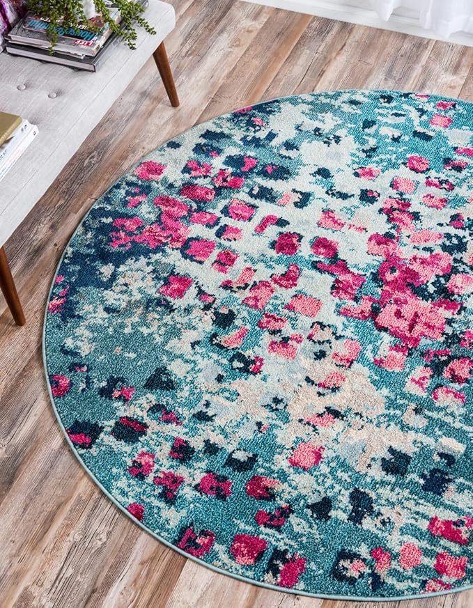 Unique Loom Jardin Collection Colorful, Vibrant, Abstract, Modern Area Rug (8' 0 x 8' 0 Round, Blue/ Pink)