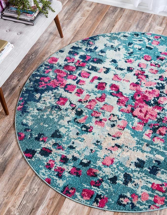 Unique Loom Jardin Collection Colorful, Vibrant, Abstract, Modern Area Rug (6' 0 x 6' 0 Round, Blue/ Pink)