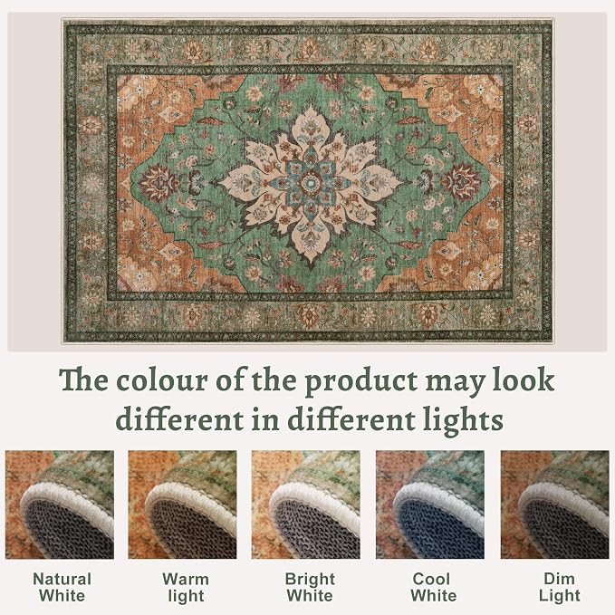 Tangsoo 2x5 Washable Runner Rug for Hallways, Vintage Non Slip Rug Runner | Vintage Soft Low Pile Rug Runner, Oriental Print Carpet Runners for Entryway Kitchen Bedroom Bathroom Living Room Tan/Green