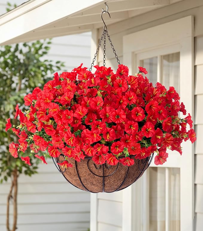 HyeFlora Artificial Fake Hanging Flowers for Outdoors Baskets Spring Decor, Faux Hanging Plants Outside Silk Morning Glory in Planter Look Real UV Resistant for Outdoor Porch Patio Garden Home, Red