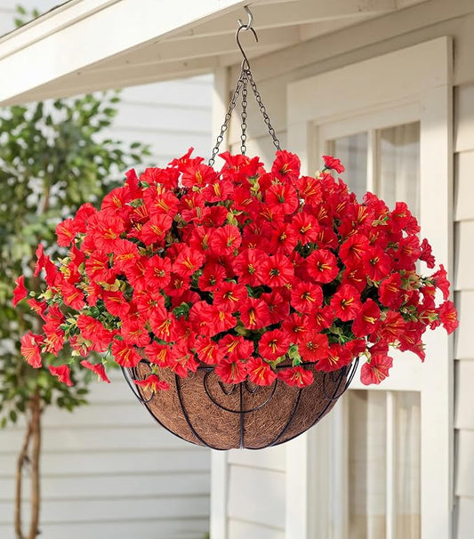 HyeFlora Artificial Fake Hanging Flowers for Outdoors Baskets Spring Decor, Faux Hanging Plants Outside Silk Morning Glory in Planter Look Real UV Resistant for Outdoor Porch Patio Garden Home, Red