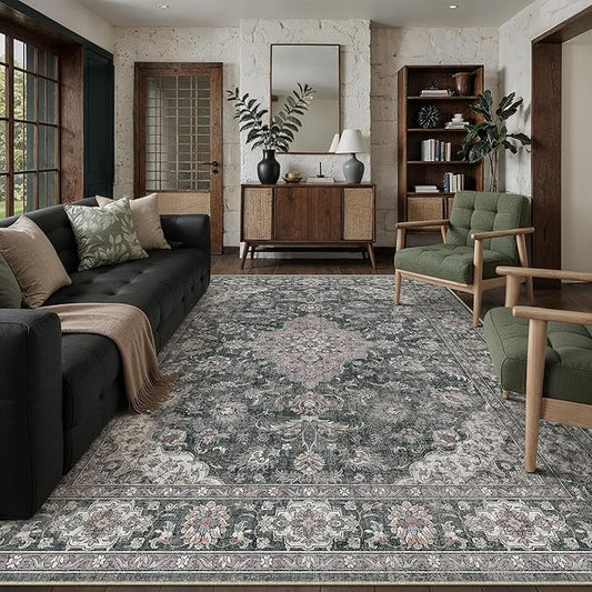 HUGEAR Retro Black Area Rug 6x9 Machine Washable Living Room Rugs Distressed Vintage Floral Low Pile Carpet Bedroom Office Dining Room Laundry Room Non Slip Soft Lightweight