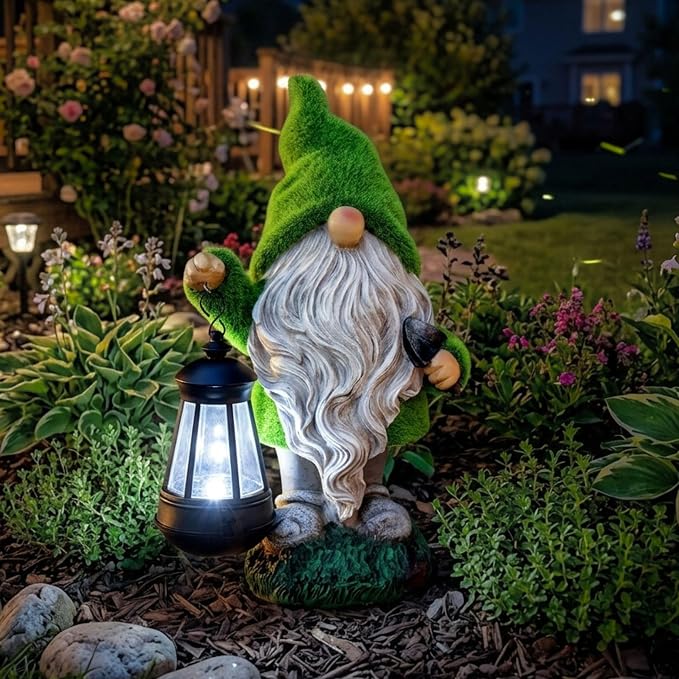 TERESA'S COLLECTIONS Garden Gnomes Outdoor, Green Resin Solar Gnome Decorations for Yard Patio Porch Outside, Gnome Gifts for Mom and Women,12"