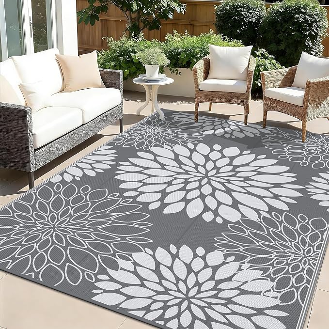 Ileading Waterproof Outdoor Rug 6x9, Reversible Plastic Straw Patio Rug, Portable Indoor Outdoor RV Camping Mat Carpet for Deck, Porch, Balcony, Backyard, Picnic, Floral Grey