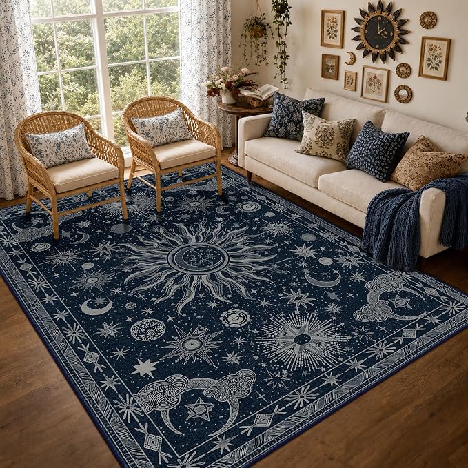Vacuum-Friendly, 6x9 Washable Area Rug, Blue Gray White | Sun and Moon Boho Gothic Non-Slip Low Pile Living Roon Bedroom Dining Room Kitchen Entry Entryway Entrance Hallway Doormat