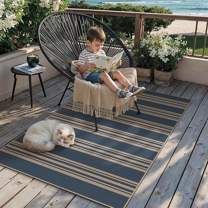 PureCozy Striped Easy Jute Rug 3x5 Blue Entryway Carpet Washable Non Slip Office Door Mat Farmhouse Neutral Non Shedding Small Indoor Outdoor Rug for Bathroom Kitchen Bedroom Living Room