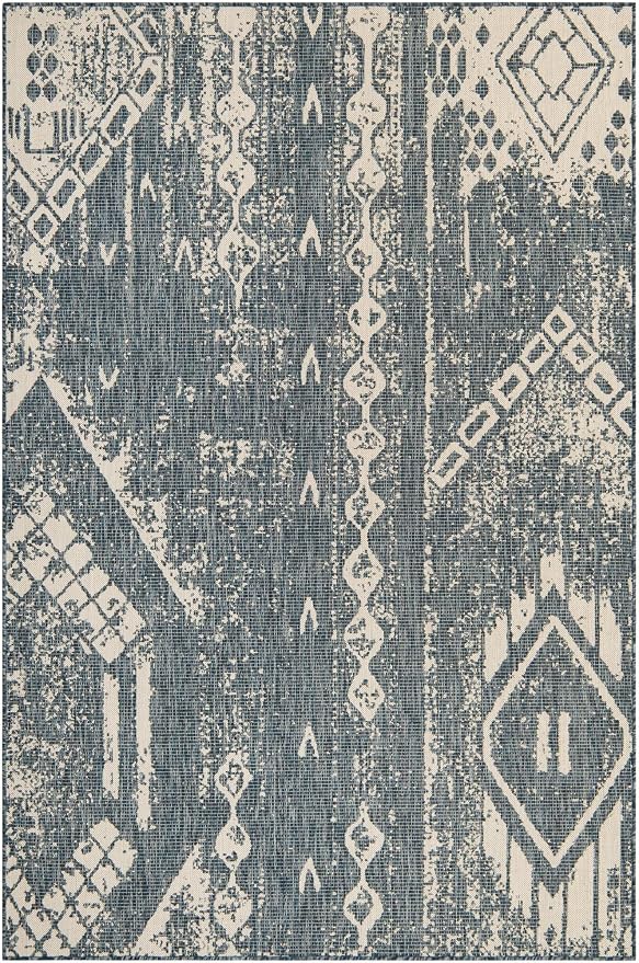Unique Loom Outdoor Bohemian Collection Area Rug - Anthro (6' 1" x 9' Rectangle, Blue/ Ivory)