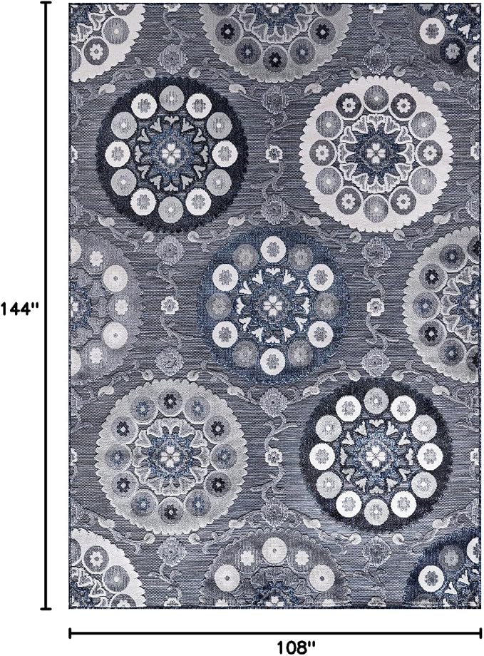 CAMILSON Indoor Outdoor Rug 9x12 Bohemian Medallion Floral Area Rugs for Indoor and Outdoor Patios Easy-Cleaning Non-Shedding Living Room Garden and Kitchen Washable Outside Carpet (9 x 12 / Navy)