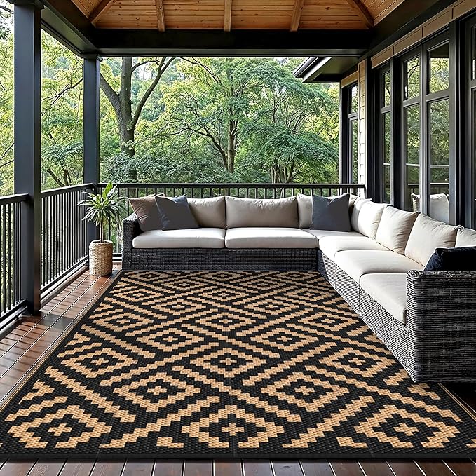 GENIMO 5'x8'Outdoor Rug Waterproof, Reversible Mats, Area Rug, Plastic Outside Carpet, Geometric Rv Mat for Patio Camping Rv Picnic Backyard Deck Balcony Porch Beach Trailer (Black & Brown)