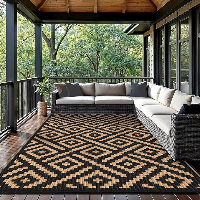 GENIMO Outdoor Rug for Patio Clearance,9'x12' Waterproof Large Mat,Reversible Plastic Camping Rugs,Rv,Porch,Deck,Camper,Balcony,Backyard (Black & Brown)