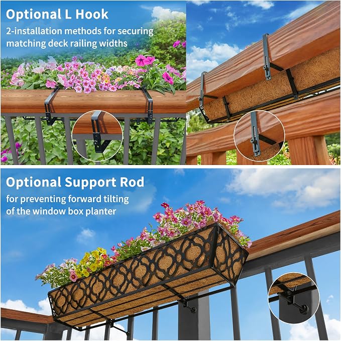 HFHOME 24 Inch Deck Railing Planter Box with Horse Trough Coco Liner, 24" Window Boxes with Coconut Coir Liner, Black Metal Hanging Flower Planter Basket for Outdoor Indoor Lawn - 4 Pack