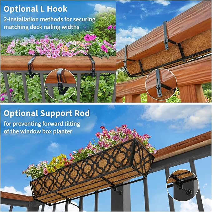 Y&M Deck Railing Planter Boxes 30 Inch 4 Pack, Adjustable Balcony Planter for Outdoor Plants, Metal Railing Planter Box for Deck, Fence and Porch, Window Boxes Outdoor, Sturdy Hanging Planter