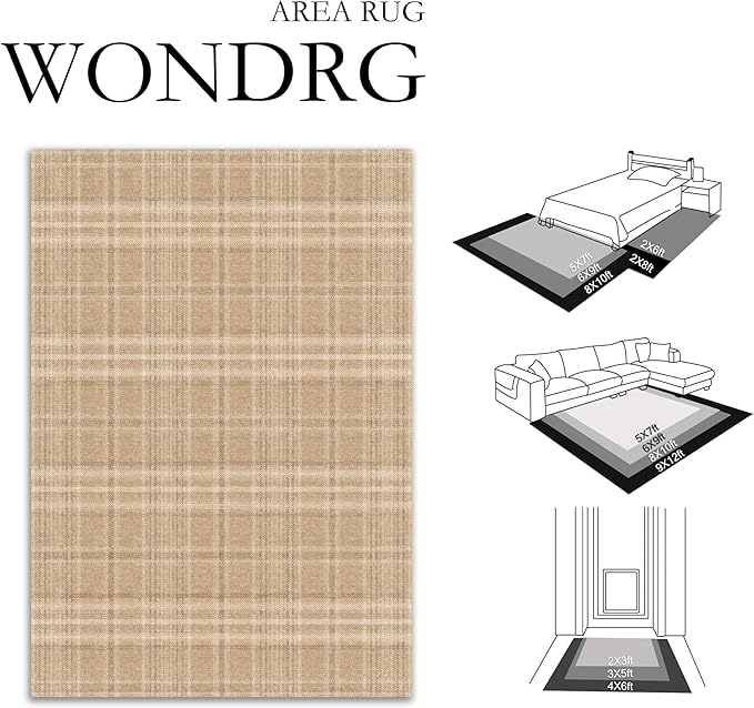 4x6 Brown Plaid Bedroom Area Rug | Washable, Low Pile, Modern, Neutral, Soft, Non Slip, Rug for Living Room Dining Room Nursery Office Indoor Home Decor