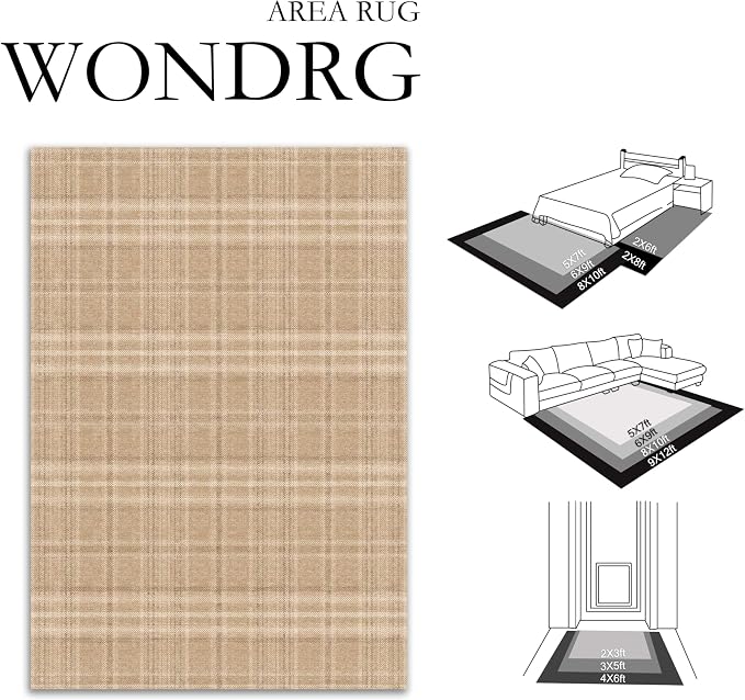 5x7 Brown Plaid Living Room Area Rug | Washable, Low Pile, Modern, Neutral, Soft, Non Slip, Rug for Bedroom Dining Room Nursery Office Indoor Home Decor