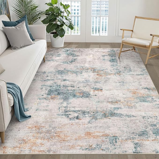 LOONGRUG 5x7 Area Rug Washable Neutral Modern Living Room Rug Teal Brown | Abstract Soft Stain Resistant Indoor Floor Non-Slip Carpet for Bedroom Nursery Kids Office Playroom