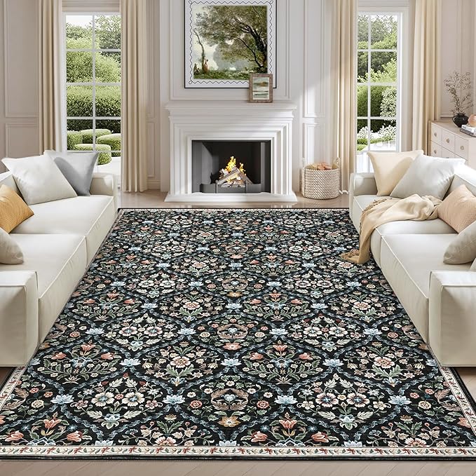 ROYHOME Area Rug 10x13 Extra Large Rug Trellis Machine Washable Rug | Stain Resistant Non-Slip Carpet for Living Room Farmhouse Vintage Distressed Trellis Floor Cover for Bedroom, Black