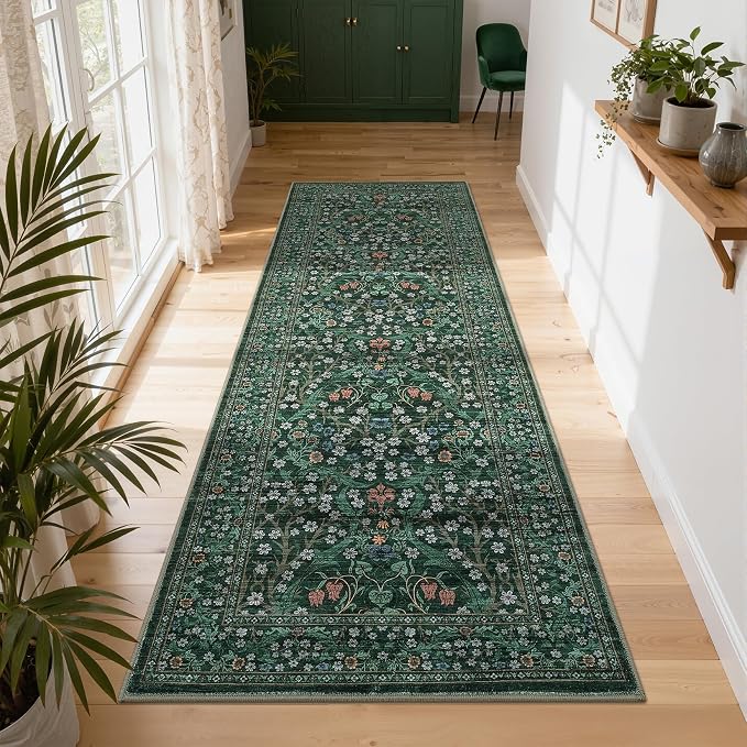 GarveeHome Dark Green Floral 2x6 Washable Kitchen Runner Rug | Vintage Stain Resistant Rugs for Entryway Hallway Bedroom Bathroom Low-Pile Non-Slip Soft Botanical Boho Rug TPE Backing