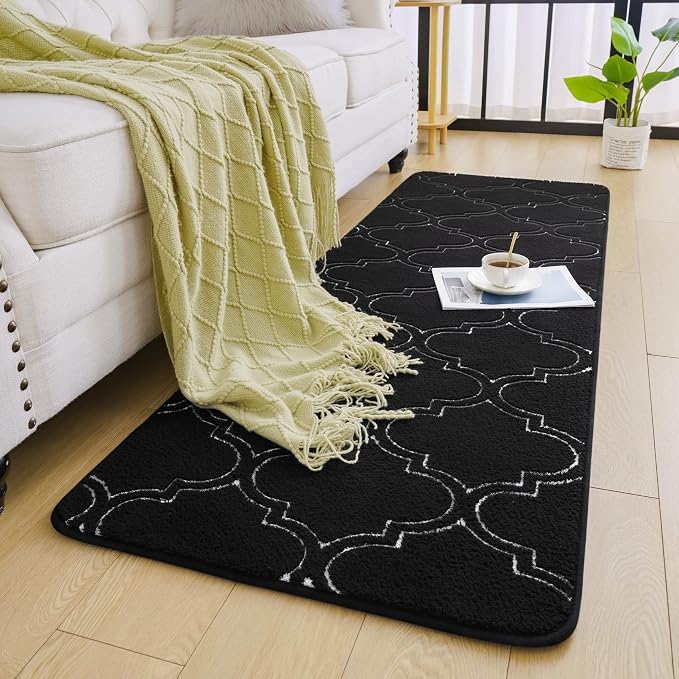 Chicrug 2x6 Shag Geometric Modern Runner Rug for Bedroom Hallway | Memory Foam Indoor Runner Carpet, Fluffy Rug for Living Room Bedside Room for Family, Black and White