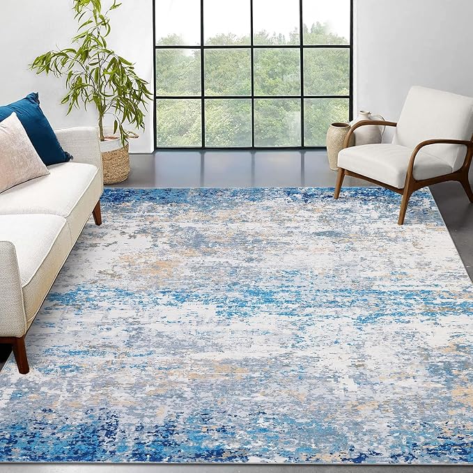 ROYHOME 10x13 Modern Abstract Faux Wool Accent Rug, Blue/Grey | Low Pile Ultra Soft Machine Washable Stain Resistant Non Slip Non Shedding Throw Rug for Living Room Bedroom Home Decor