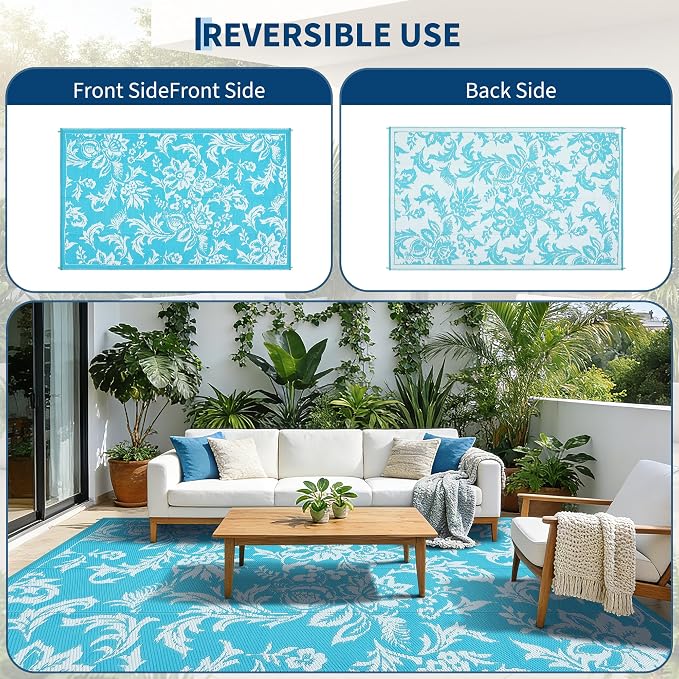 IDEALHOUSE Waterproof Outdoor Rug 8x10 for Patio, Foldable Reversible Area Rug, Large Plastic Straw Mat for Camping, RV, Porch, Backyard, Picnic, Beach, Light Blue & White