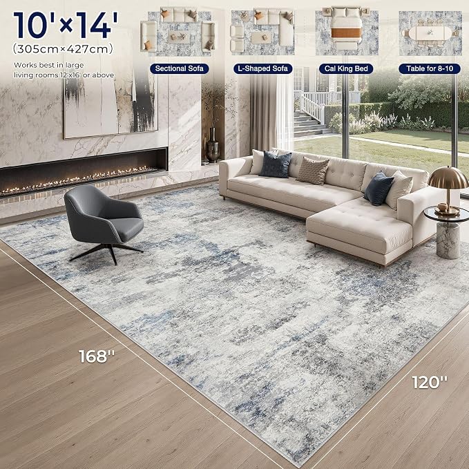 DMOYEST 10x14 Area Rug for Living Room Washable Abstract Indoor Carpet | Neutral Modern Low Pile Rugs Kid & Pet Friendly Large Soft Thin Carpet for Bedroom Dining Room - Grey Blue