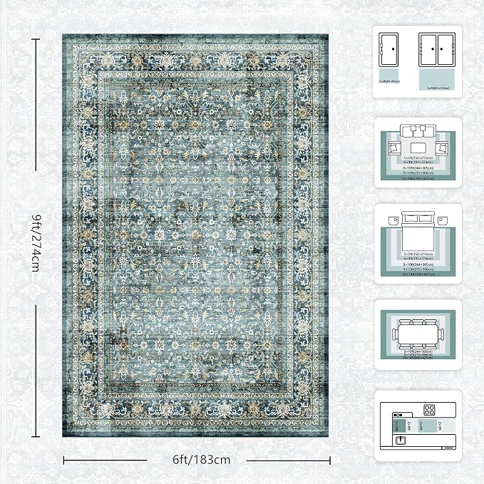 6x9 Area Rugs - Washable Vintage Retro Living Room Rug, Soft Ultra Thin Non Slip Low Pile Traditional Distressed Boho Carpet for Bedroom Dining Room Nursery Home Office, Blue