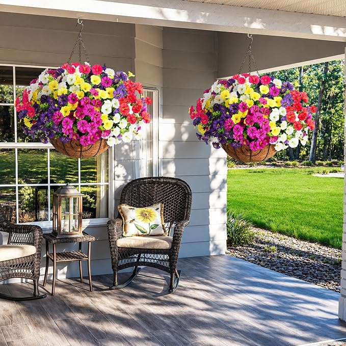 Artificial Faux Hanging Plants Flowers for Outdoors Baskets Spring Outside Decor, Fake Silk Morning Glory in Planter Look Real UV Resistant Outdoor Flowers for Porch Patio Balcony Garden Yard Home