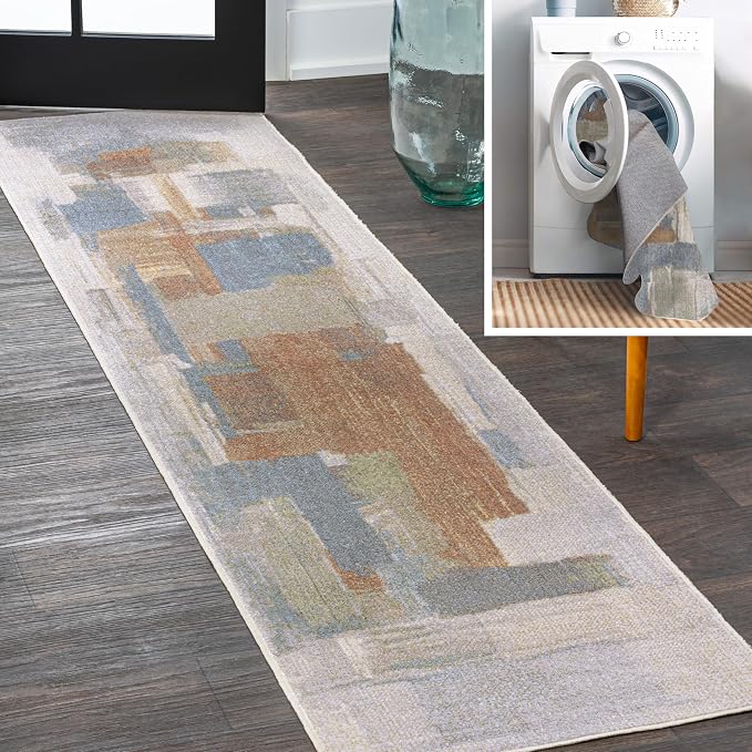 JONATHAN Y Machine Washable Cream/Multi Runner Rug 2X8 ft, Weaver Abstract Coastal Watercolor for Living Room, Bedroom, Kitchen, Office, Easy-Cleaning, Pet-Friendly, Non-Shedding WSH302A-28
