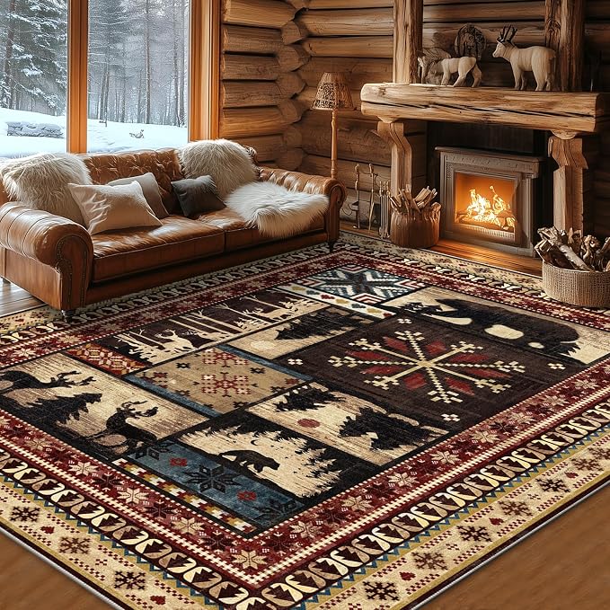 LOKHOM 5x7 Rustic Cabin Area Rug, Non-Slip Washable Western Lodge Bear Rug | Bear Pattern, Low Pile, Soft Vintage Wildlife Accent Floor Carpet, For Living Room Bedroom Entryway Nursery