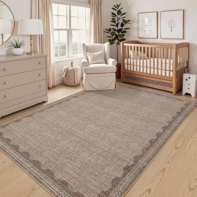 GarveeHome Washable Rugs 5x7 Rug for Living Room, Scalloped 5 x 7 Rug Solid Coffee Modern Minimalism Low-Pile Carpet for Bedroom Dining Nursery Non Slip Mat with Rubber Back