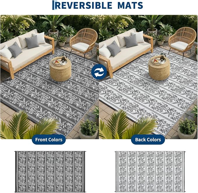 Garvee Outdoor Rugs 8x10 Waterproof Reversible Mat Boho Leaf Patio Rug with 4 Stakes and Starage Bag, Large Outdoor RV Mat Rugs for Camping, Picnic, Balcony, Deck, Backyard, Grey & White