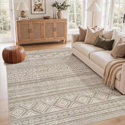 cotiled Boho 6x8 Area Rugs for Living Room: Soft Moroccan Washable Rug | Stain Resistan Carpet for Bedroom Farmhouse Dining Room Coffee Brown