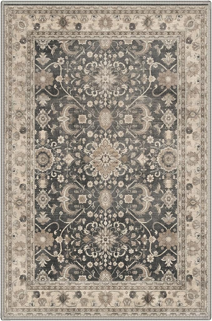 2x3 Doormat, Vintage Floral Washable Non Slip Area Rug for Entrance | Oriental Floral Soft Low Pile Boho Small Rug for Entryway Bedside Kitchen, Stain Resistant Lightweight Easy Care, Dusty Taupe