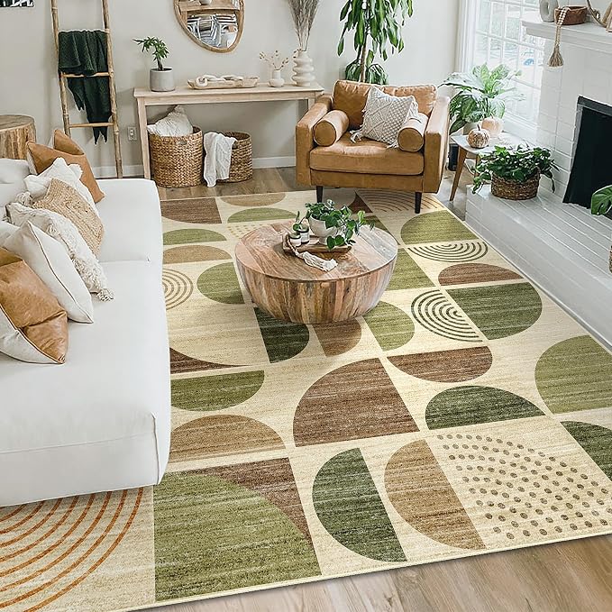 Washable Rug 8x10,Large Area Rugs Non Slip Modern Abstract | Throw Carpet for Living Room Bedroom Bedside Dining Room Boho Soft Low Pile Floor Indoor Bohemian Vintage Green and Brown